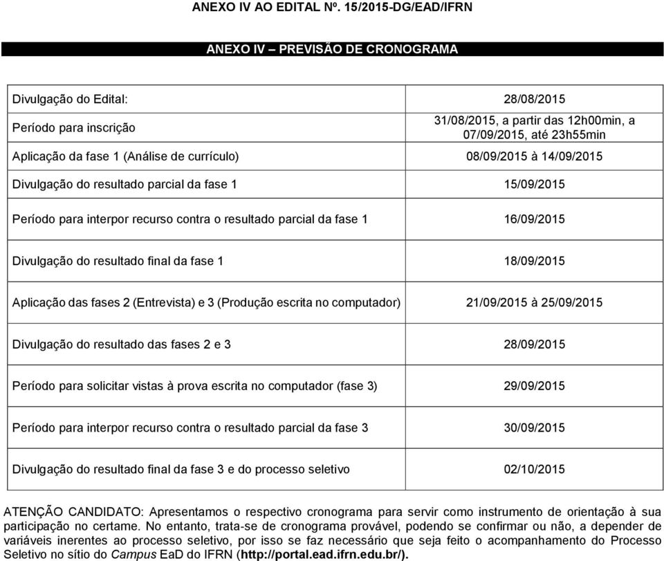 currículo) 08/09/2015 à 14/09/2015 Divulgação do resultado parcial da fase 1 15/09/2015 Período para interpor recurso contra o resultado parcial da fase 1 16/09/2015 Divulgação do resultado final da