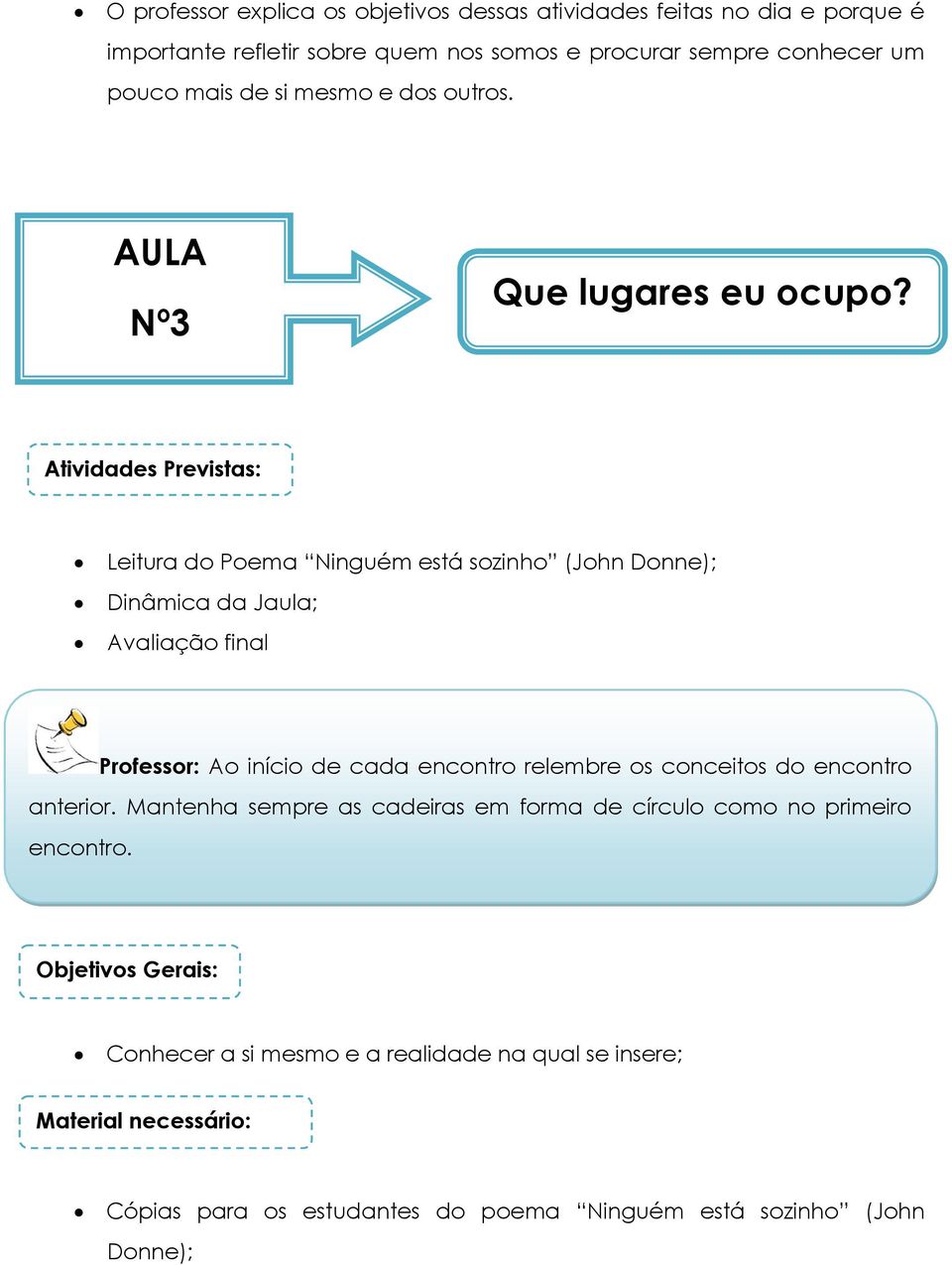 Atividades Previstas: Leitura do Poema Ninguém está sozinho (John Donne); Dinâmica da Jaula; Avaliação final Professor: Ao início de cada encontro relembre os