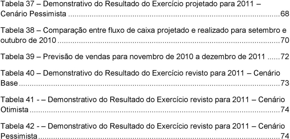 .. 70 Tabela 39 Previsão de vendas para novembro de 2010 a dezembro de 2011.