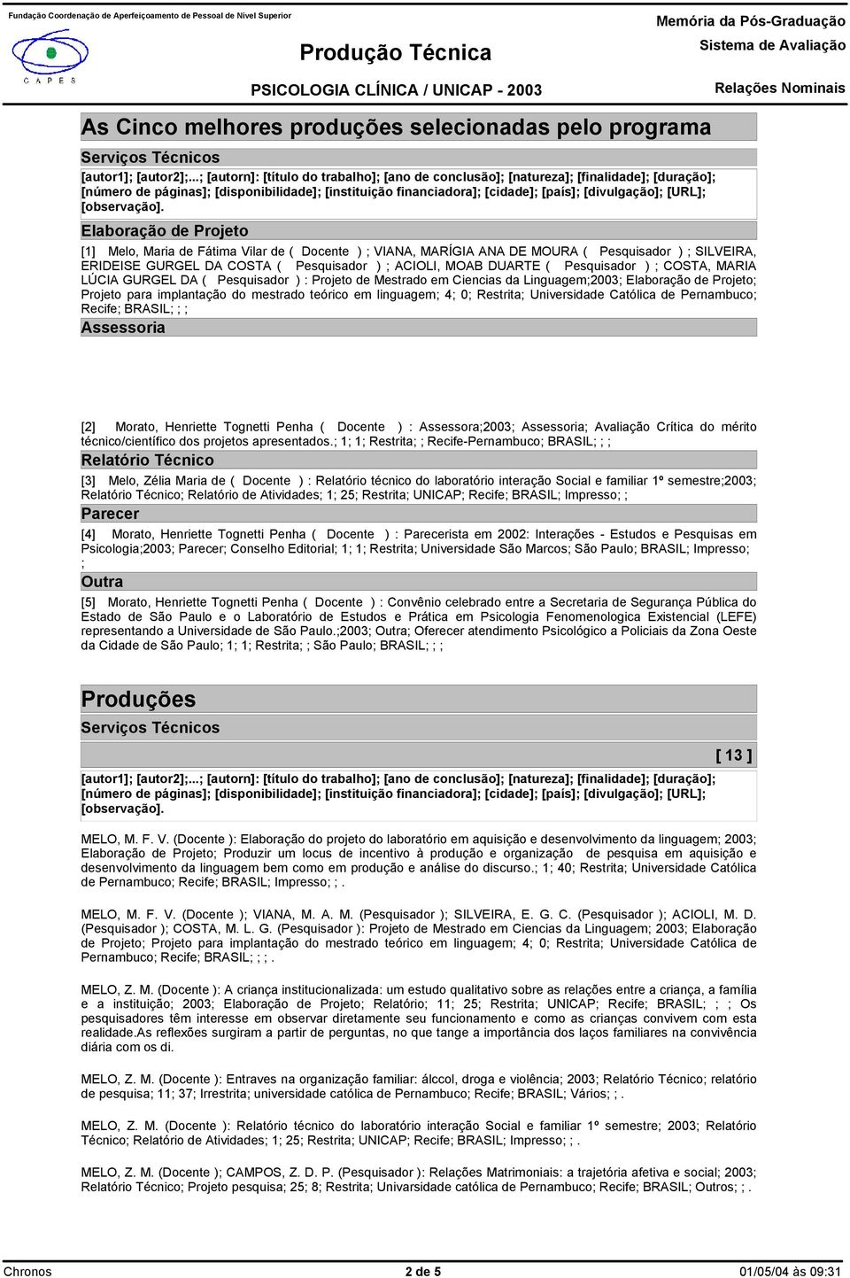 implantação do mestrado teórico em linguagem; 4; 0; Restrita; Universidade Católica de Pernambuco; Recife; BRASIL; ; ; Assessoria [2] Morato, Henriette Tognetti Penha ( Docente ) : Assessora;2003;