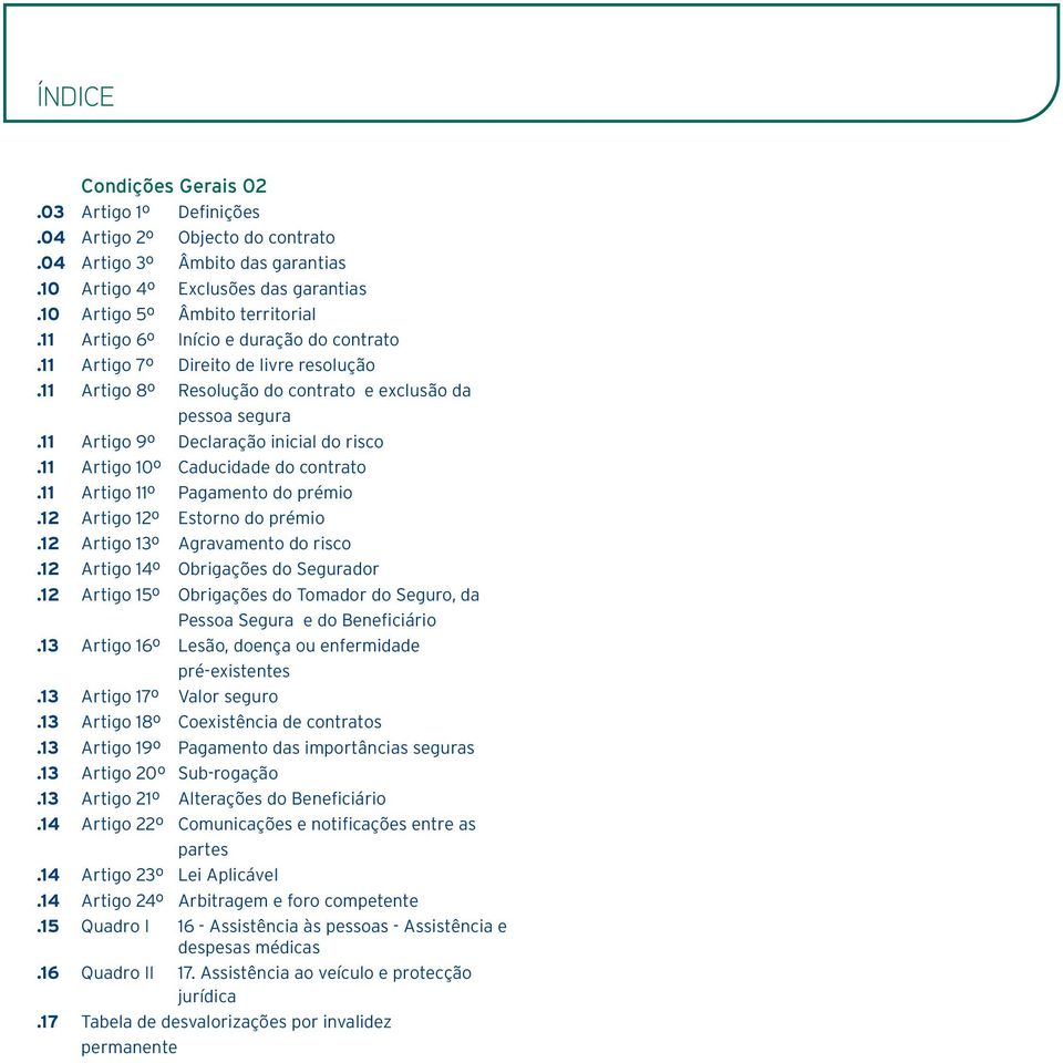 11 Artigo 10º Caducidade do contrato.11 Artigo 11º Pagamento do prémio.12 Artigo 12º Estorno do prémio.12 Artigo 13º Agravamento do risco.12 Artigo 14º Obrigações do Segurador.