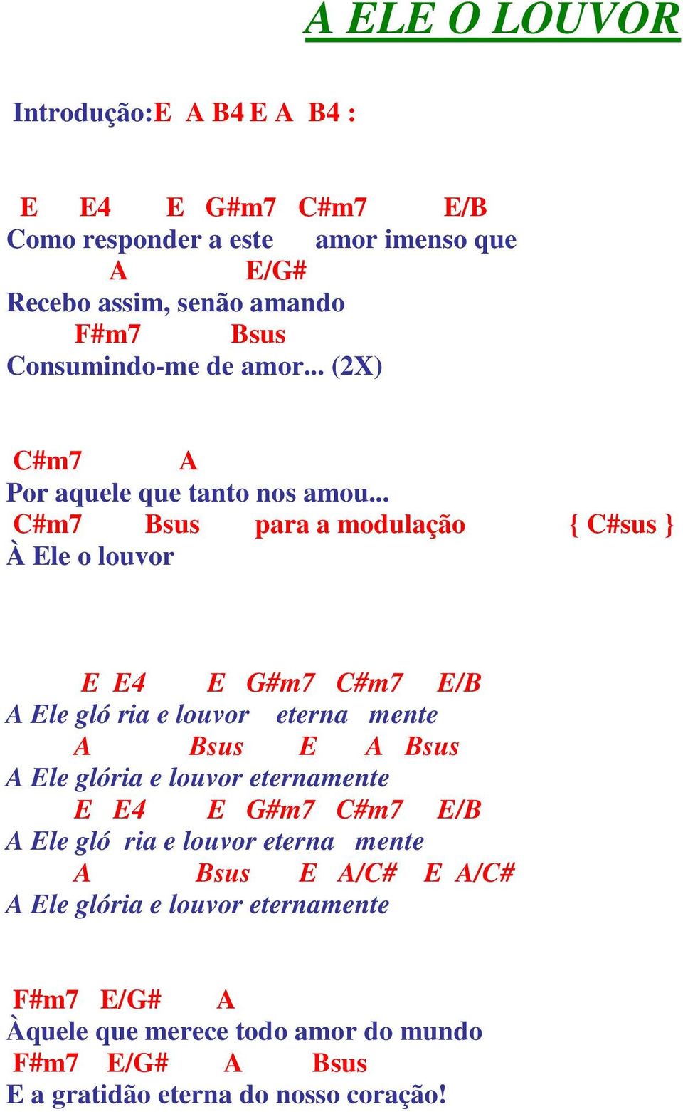 .. C#m7 Bsus para a modulação { C#sus } À le o louvor 4 #m7 C#m7 /B le gló ria e louvor eterna mente Bsus Bsus le glória e