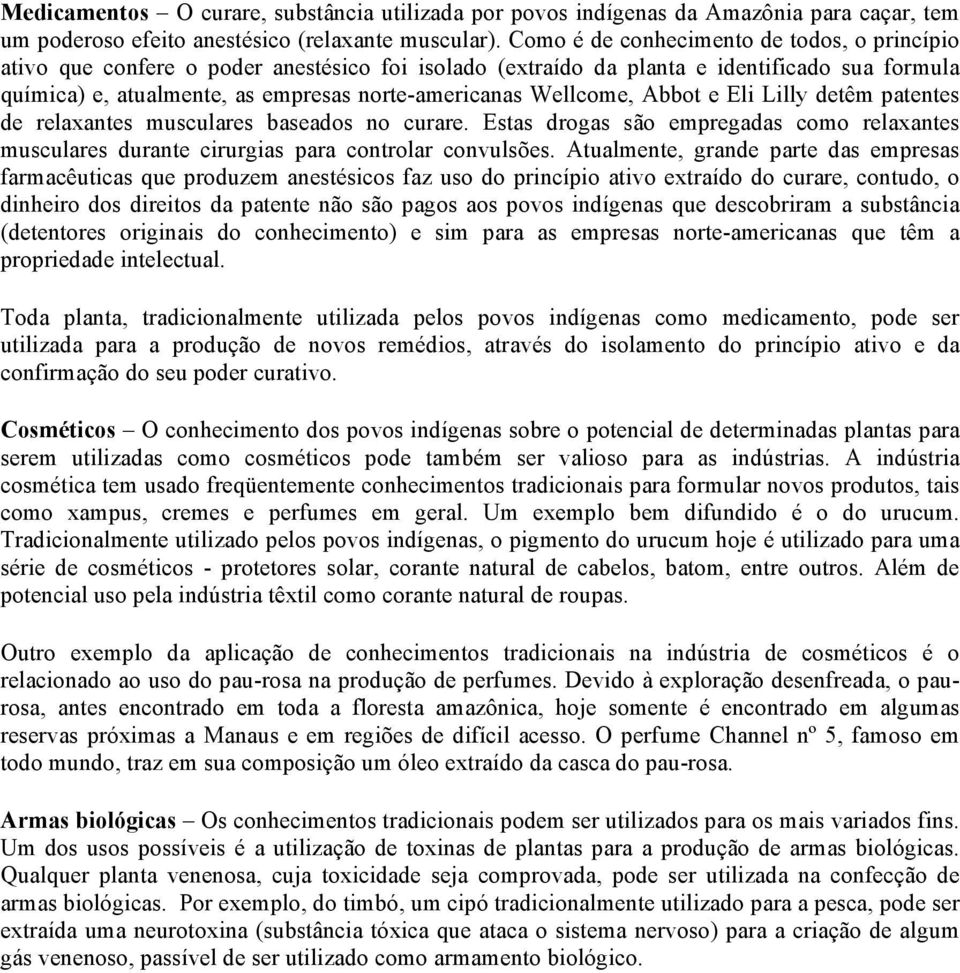 Wellcome, Abbot e Eli Lilly detêm patentes de relaxantes musculares baseados no curare. Estas drogas são empregadas como relaxantes musculares durante cirurgias para controlar convulsões.