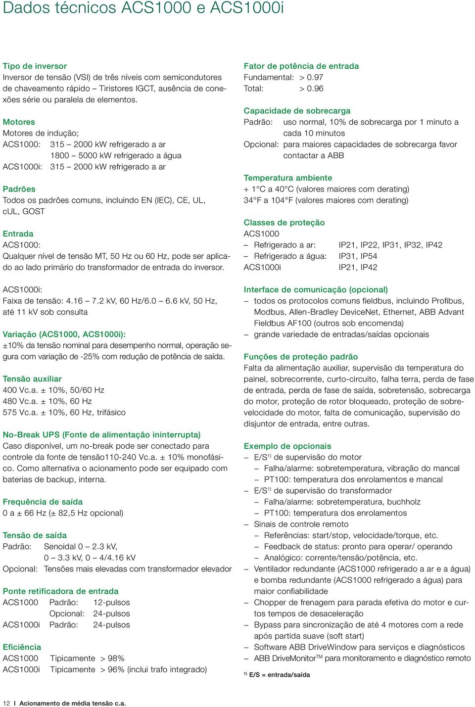 Motores Motores de indução; ACS1000: 315 2000 kw refrigerado a ar 1800 5000 kw refrigerado a água ACS1000i: 315 2000 kw refrigerado a ar Padrões Todos os padrões comuns, incluindo EN (IEC), CE, UL,