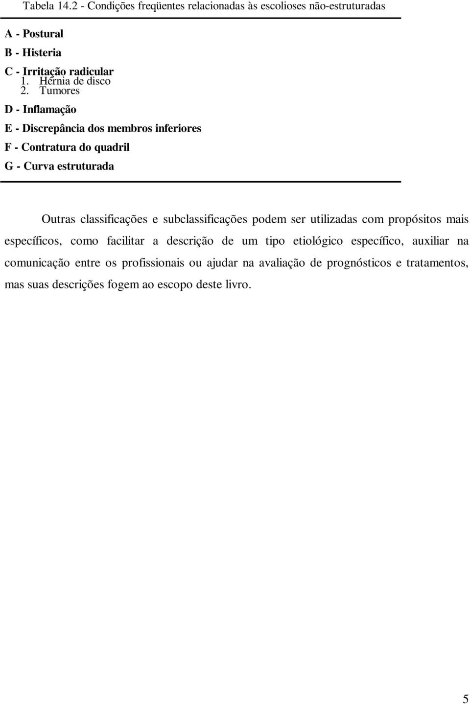 Tumores D - Inflamação E - Discrepância dos membros inferiores F - Contratura do quadril G - Curva estruturada Outras classificações e