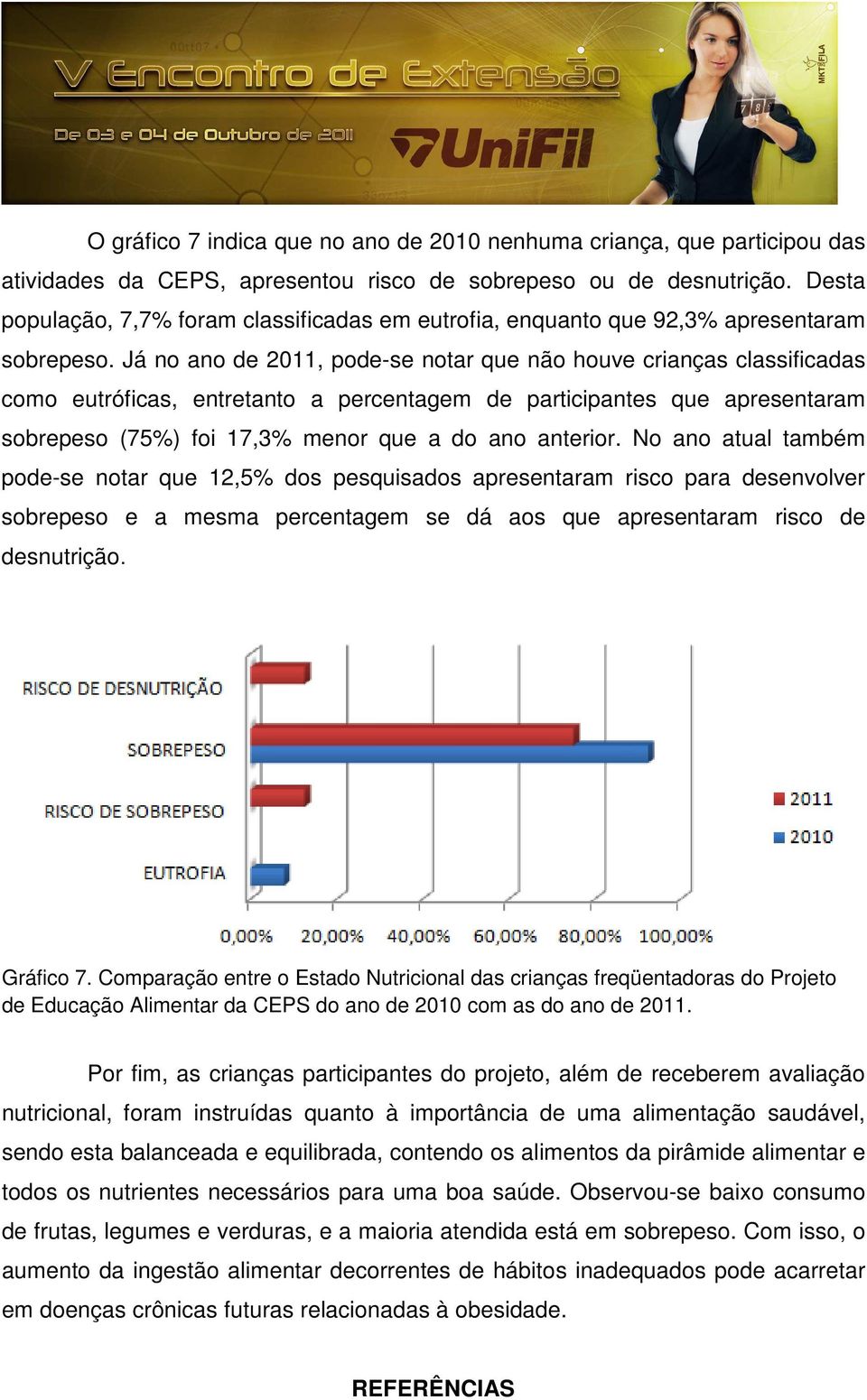 Já no ano de 2011, pode-se notar que não houve crianças classificadas como eutróficas, entretanto a percentagem de participantes que apresentaram sobrepeso (75%) foi 17,3% menor que a do ano anterior.