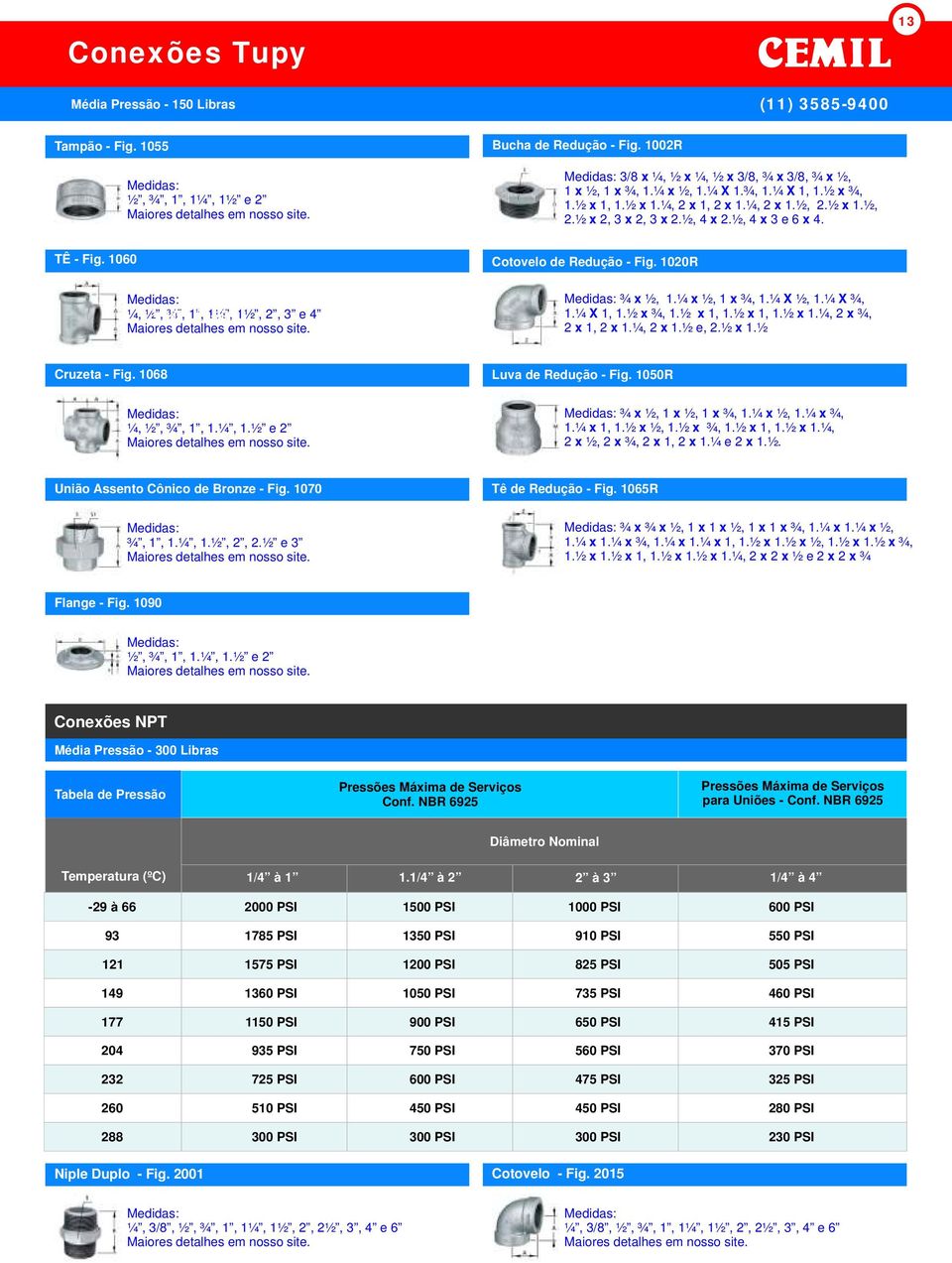 1060 ¼, ½, 1 bar ¾, = 1, 14,5psi 1¼, 1½, 2, 3 e 4 1 bar = 0,1Mpa Cotovelo de Redução Fig. 10R ¾ x ½, 1.¼ x ½, 1 x ¾, 1.¼ X ½, 1.¼ X ¾, 1.¼ X 1, 1.½ x ¾, 1.½ x 1, 1.½ x 1, 1.½ x 1.¼, 2 x ¾, 2 x 1, 2 x 1.
