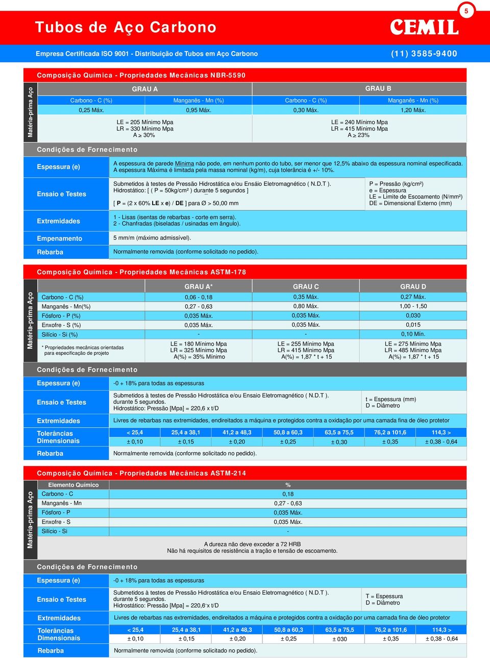 LE = 5 Mínimo Mpa LR = 330 Mínimo Mpa A _ > 30% GRAU B Manganês Mn (%) 0,95 Máx.