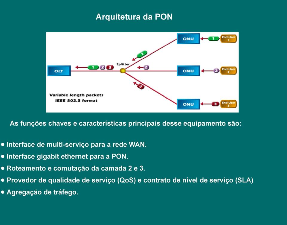 Interface gigabit ethernet para a PON. Roteamento e comutação da camada 2 e 3.