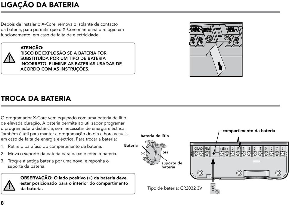 TROCA DA BATERIA O programador X-Core vem equipado com uma bateria de lítio de elevada duração.