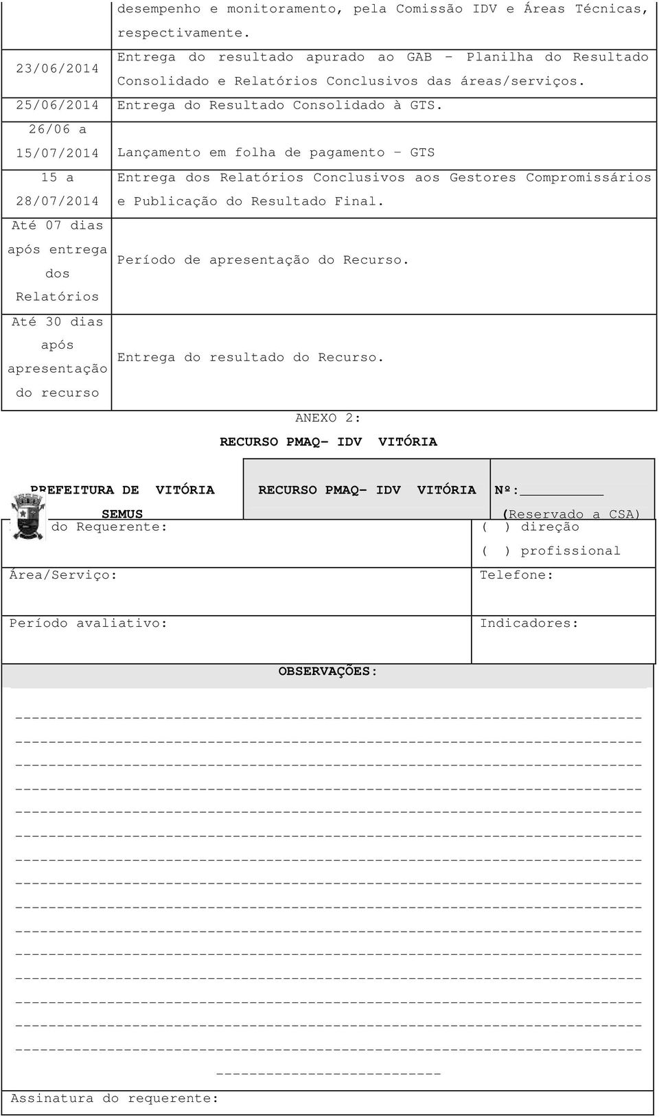 26/06 a 15/07/2014 Lançamento em folha de pagamento GTS 15 a Entrega dos Relatórios Conclusivos aos Gestores Compromissários 28/07/2014 e Publicação do Resultado Final.