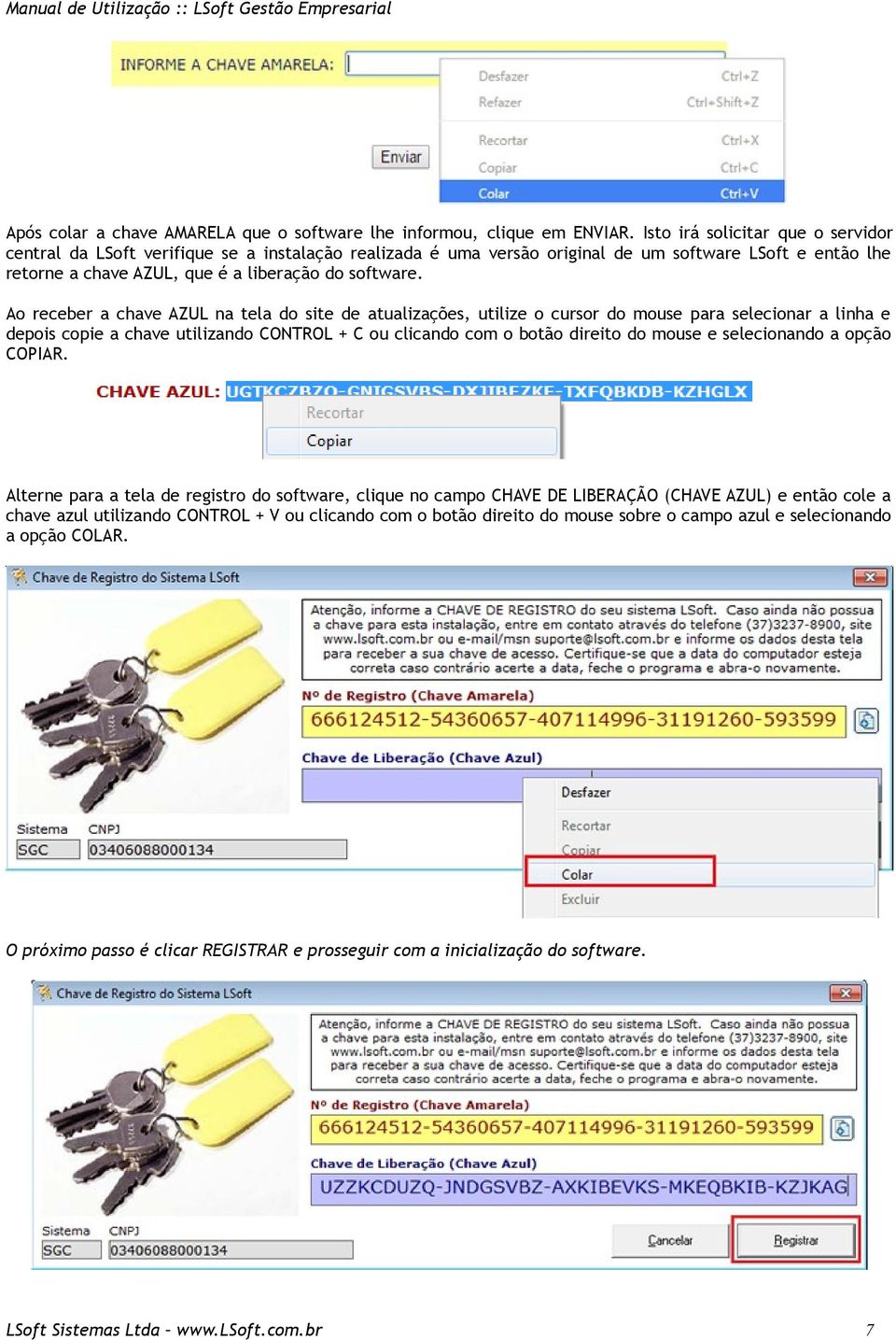 Ao receber a chave AZUL na tela do site de atualizações, utilize o cursor do mouse para selecionar a linha e depois copie a chave utilizando CONTROL + C ou clicando com o botão direito do mouse e