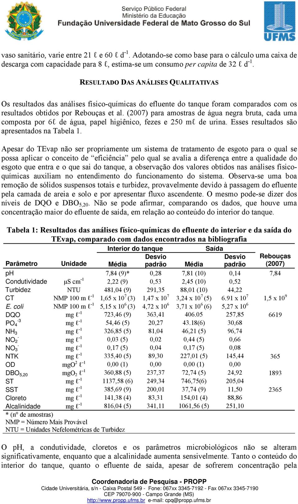 (2007) para amostras de água negra bruta, cada uma composta por 6l de água, papel higiênico, fezes e 250 ml de urina. Esses resultados são apresentados na Tabela 1.