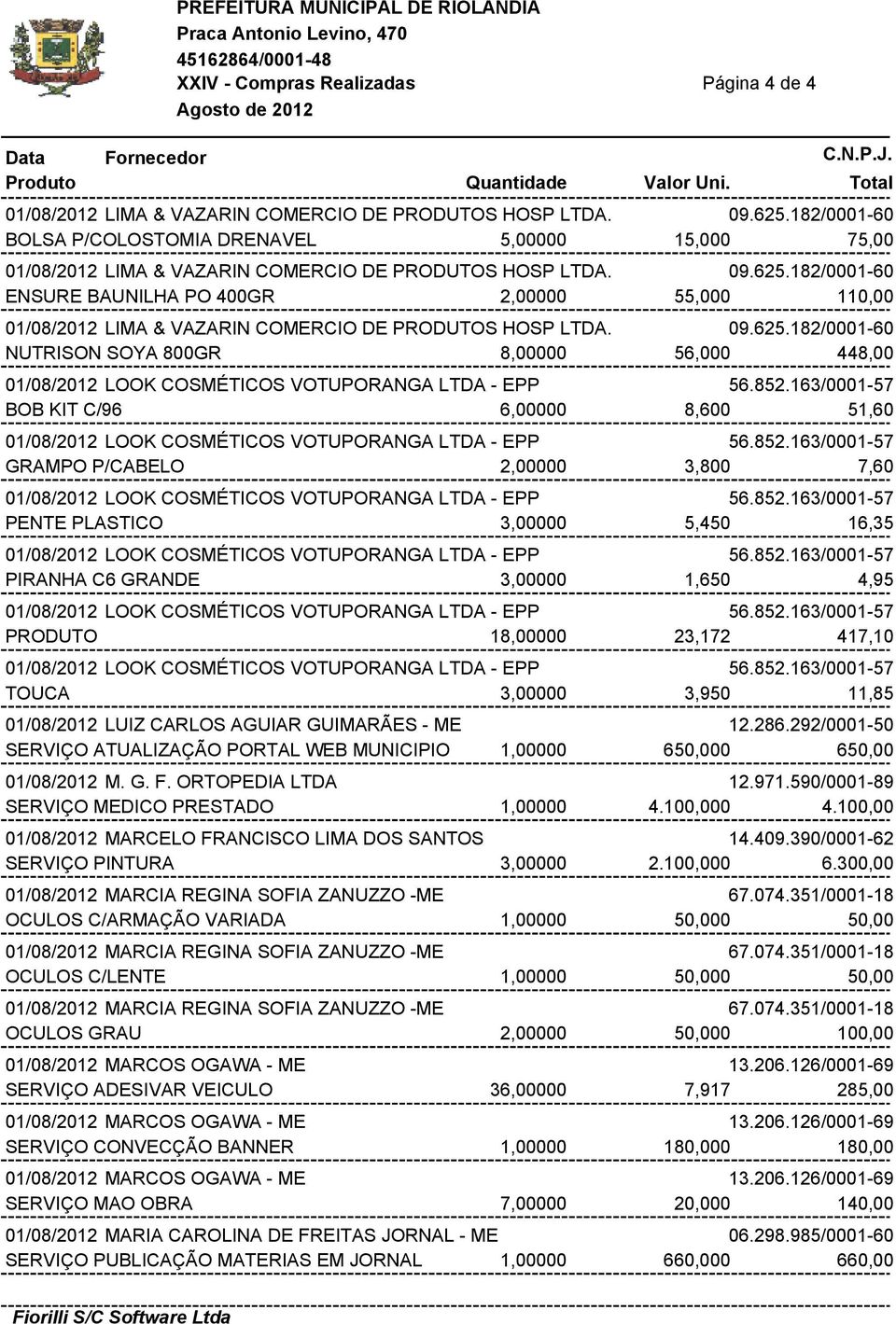 852.163/0001-57 BOB KIT C/96 6,00000 8,600 51,60 01/08/2012 LOOK COSMÉTICOS VOTUPORANGA LTDA - EPP 56.852.163/0001-57 GRAMPO P/CABELO 2,00000 3,800 7,60 01/08/2012 LOOK COSMÉTICOS VOTUPORANGA LTDA - EPP 56.