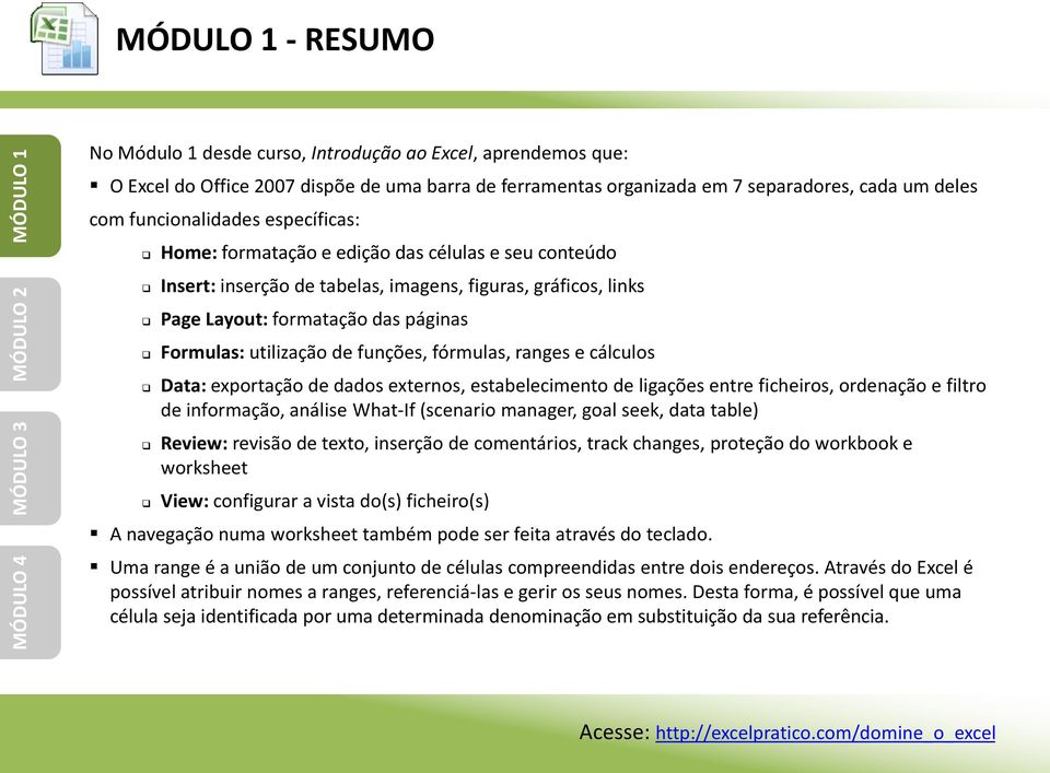 fórmulas, ranges e cálculos Data: exportação de dados externos, estabelecimento de ligações entre ficheiros, ordenação e filtro de informação, análise What-If (scenario manager, goal seek, data