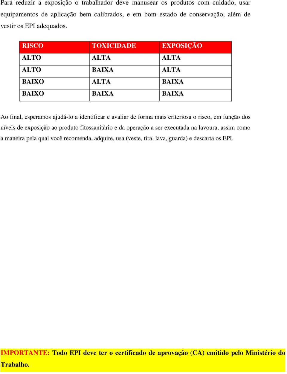 RISCO TOXICIDADE EXPOSIÇÃO ALTO ALTA ALTA ALTO BAIXA ALTA BAIXO ALTA BAIXA BAIXO BAIXA BAIXA Ao final, esperamos ajudá-lo a identificar e avaliar de forma mais