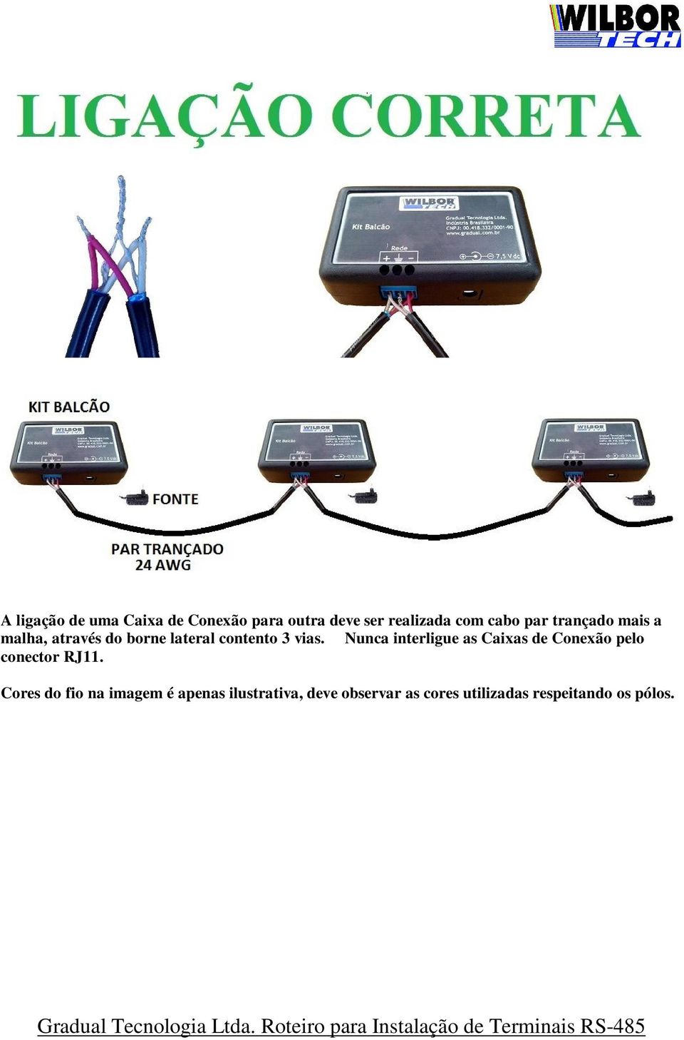 Nunca interligue as Caixas de Conexão pelo conector RJ11.