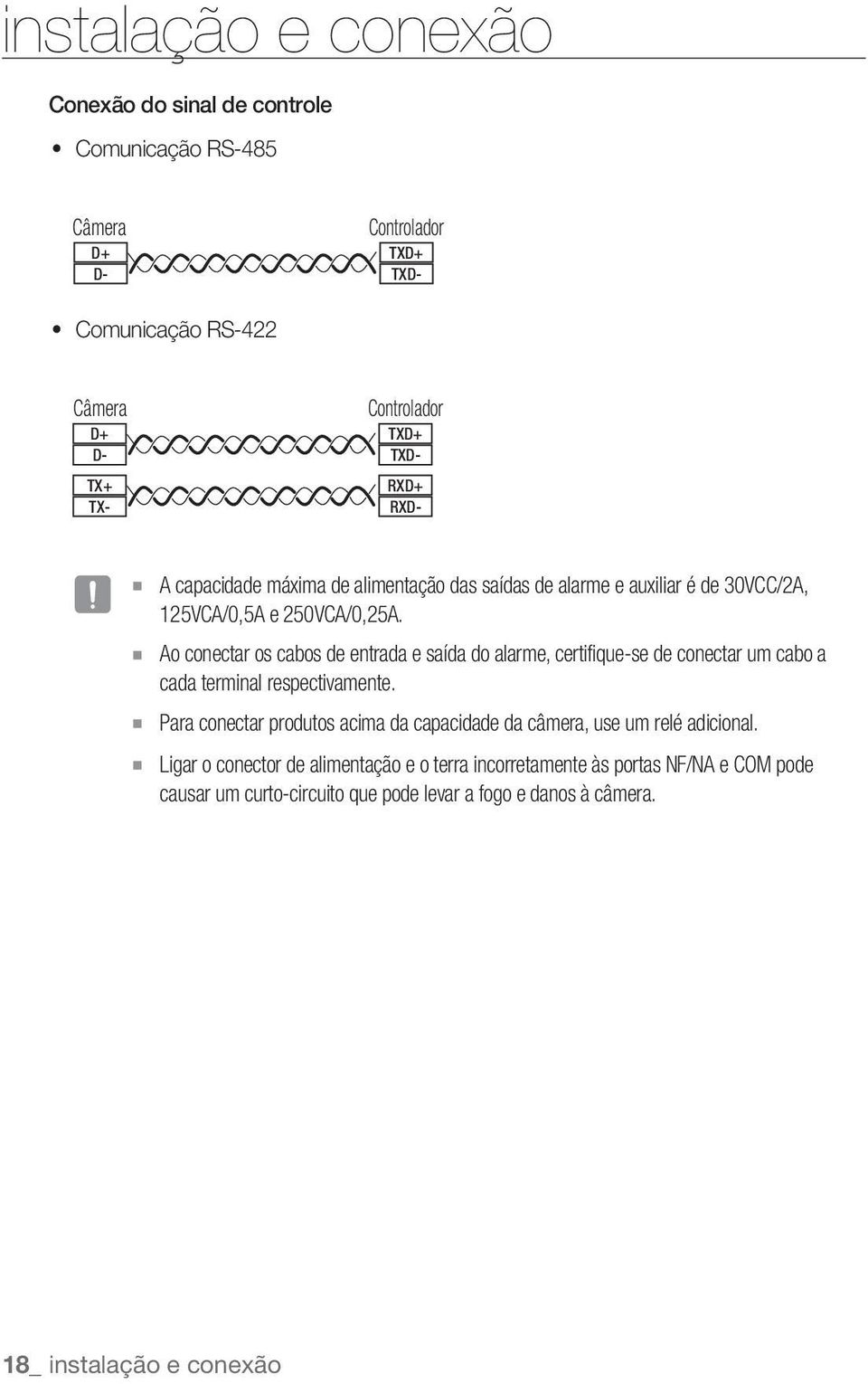 Ao conectar os cabos de entrada e saída do alarme, certifique-se de conectar um cabo a cada terminal respectivamente.