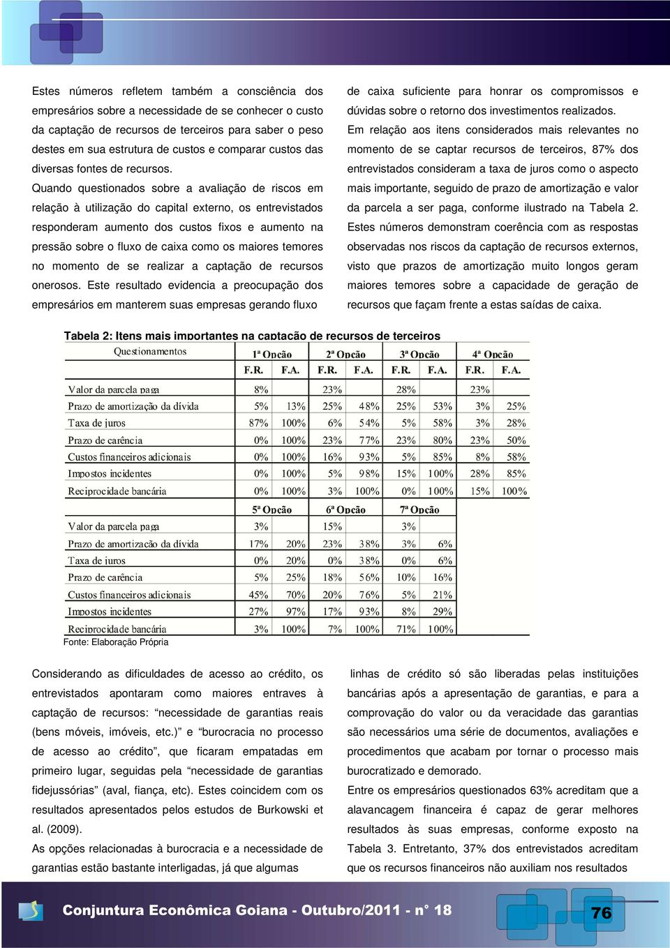 Quando questionados sobre a avaliação de riscos em relação à utilização do capital externo, os entrevistados responderam aumento dos custos fixos e aumento na pressão sobre o fluxo de caixa como os