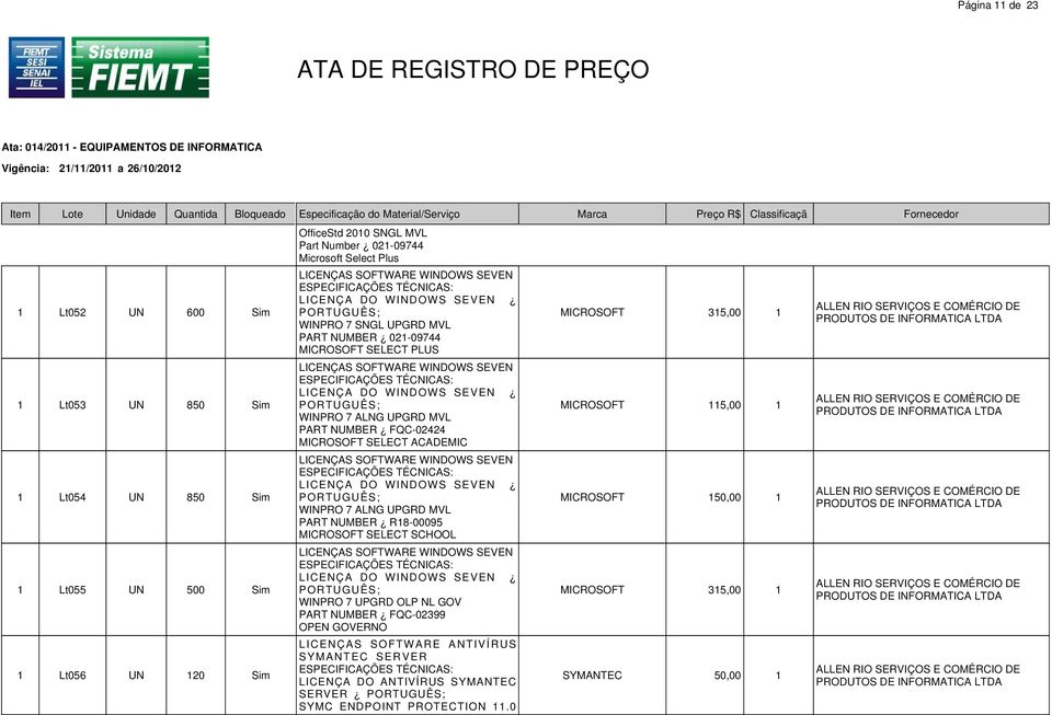 FQC-02424 MICROSOFT SELECT ACADEMIC LICENÇAS SOFTWARE WINDOWS SEVEN LICENÇA DO WINDOWS SEVEN PORTUGUÊS; WINPRO 7 ALNG UPGRD MVL PART NUMBER R18-00095 MICROSOFT SELECT SCHOOL LICENÇAS SOFTWARE WINDOWS