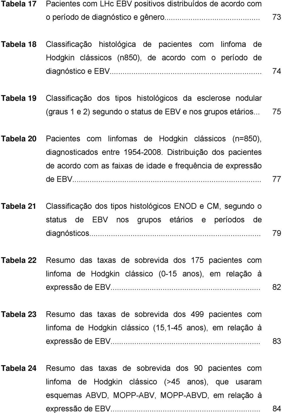 .. 74 Tabela 19 Classificação dos tipos histológicos da esclerose nodular (graus 1 e 2) segundo o status de EBV e nos grupos etários.