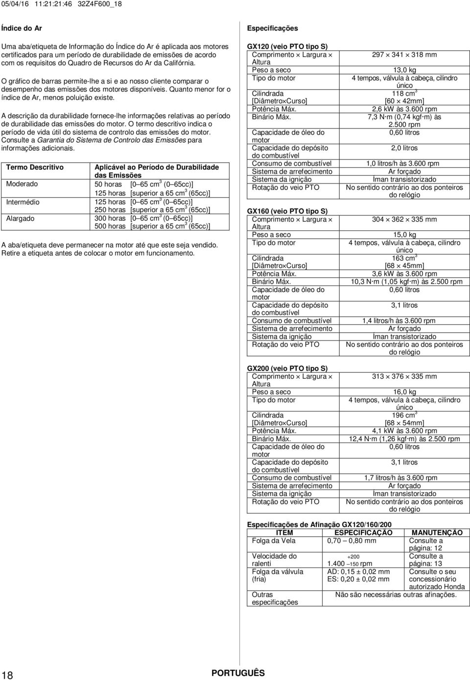 Quanto menor for o índice de Ar, menos poluição existe. A descrição da durabilidade fornece-lhe informações relativas ao período de durabilidade das emissões do motor.