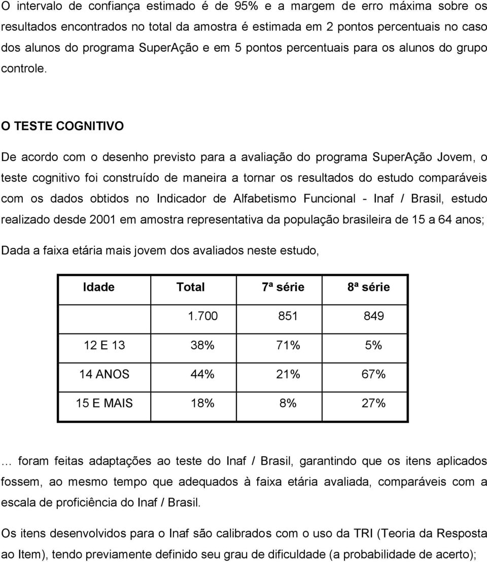 O TESTE COGNITIVO De acordo com o desenho previsto para a avaliação do programa SuperAção Jovem, o teste cognitivo foi construído de maneira a tornar os resultados do estudo comparáveis com os dados