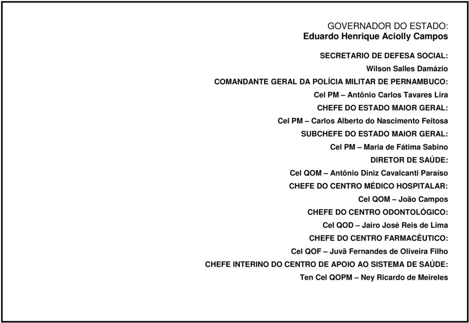 DIRETOR DE SAÚDE: Cel QOM Antônio Diniz Cavalcanti Paraíso CHEFE DO CENTRO MÉDICO HOSPITALAR: Cel QOM João Campos CHEFE DO CENTRO ODONTOLÓGICO: Cel QOD Jairo José