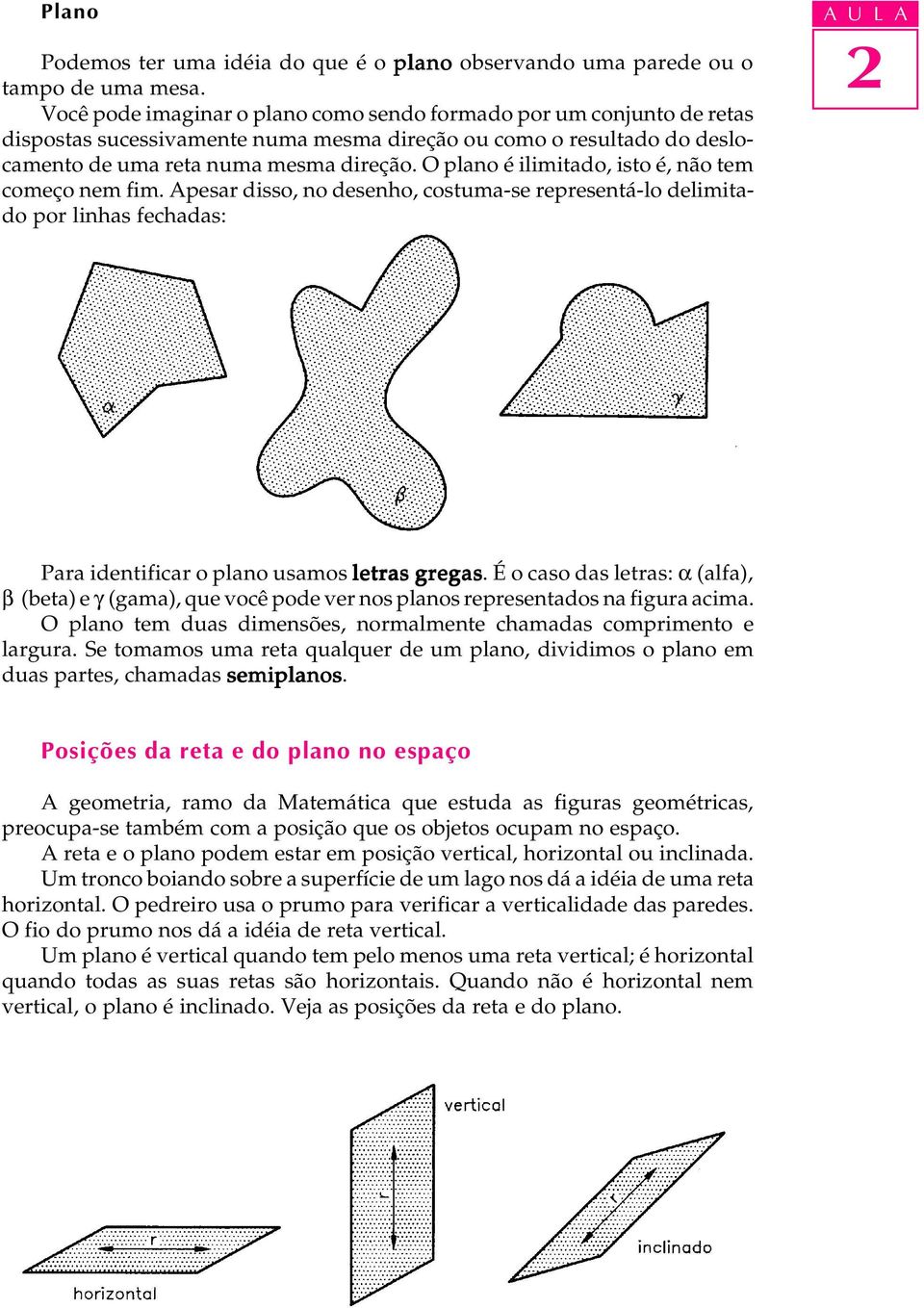 O plano é ilimitado, isto é, não tem começo nem fim. Apesar disso, no desenho, costuma-se representá-lo delimitado por linhas fechadas: A U L A Para identificar o plano usamos letras gregas.