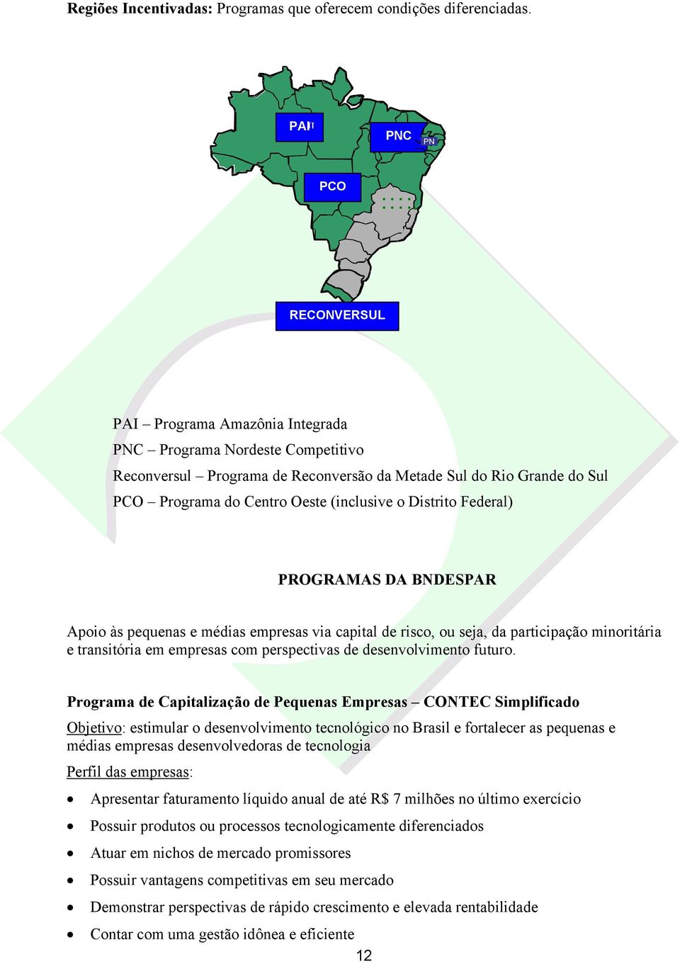 Distrito Federal) PROGRAMAS DA BNDESPAR Apoio às pequenas e médias empresas via capital de risco, ou seja, da participação minoritária e transitória em empresas com perspectivas de desenvolvimento