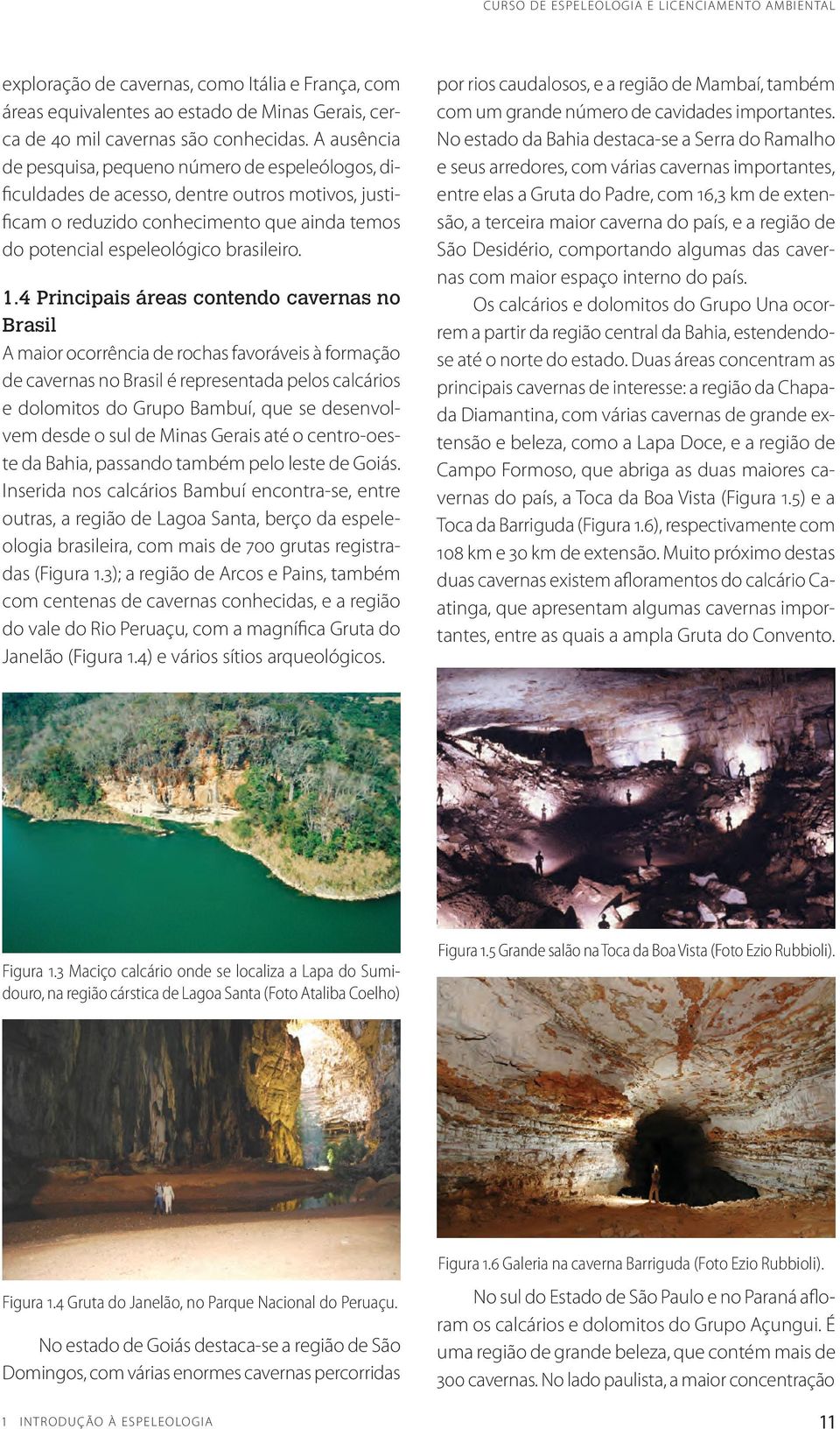 4 Principais áreas contendo cavernas no Brasil A maior ocorrência de rochas favoráveis à formação de cavernas no Brasil é representada pelos calcários e dolomitos do Grupo Bambuí, que se desenvolvem