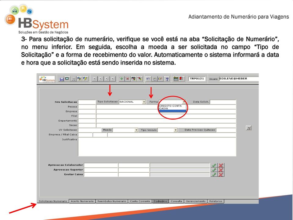 Em seguida, escolha a moeda a ser solicitada no campo Tipo de Solicitação e a forma de