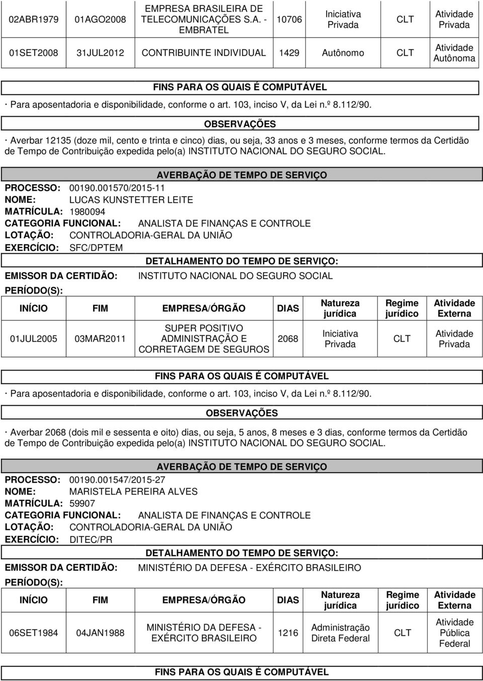 Atividade Autônoma OBSERVAÇÕES Averbar 12135 (doze mil, cento e trinta e cinco) dias, ou seja, 33 anos e 3 meses, conforme termos da Certidão de Tempo de Contribuição expedida pelo(a) INSTITUTO