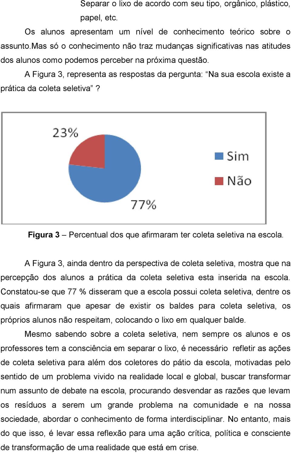 A Figura 3, representa as respostas da pergunta: Na sua escola existe a prática da coleta seletiva? Figura 3 Percentual dos que afirmaram ter coleta seletiva na escola.