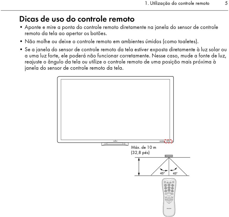 Se a janela do sensor de controle remoto da tela estiver exposta diretamente à luz solar ou a uma luz forte, ele poderá não funcionar corretamente.