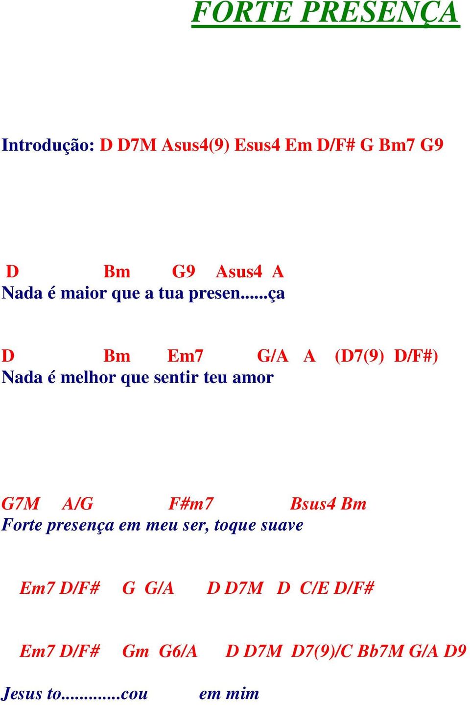 ..ça D Bm Em7 /A A (D7(9) ) Nada é melhor que sentir teu amor 7M A/ F#m7