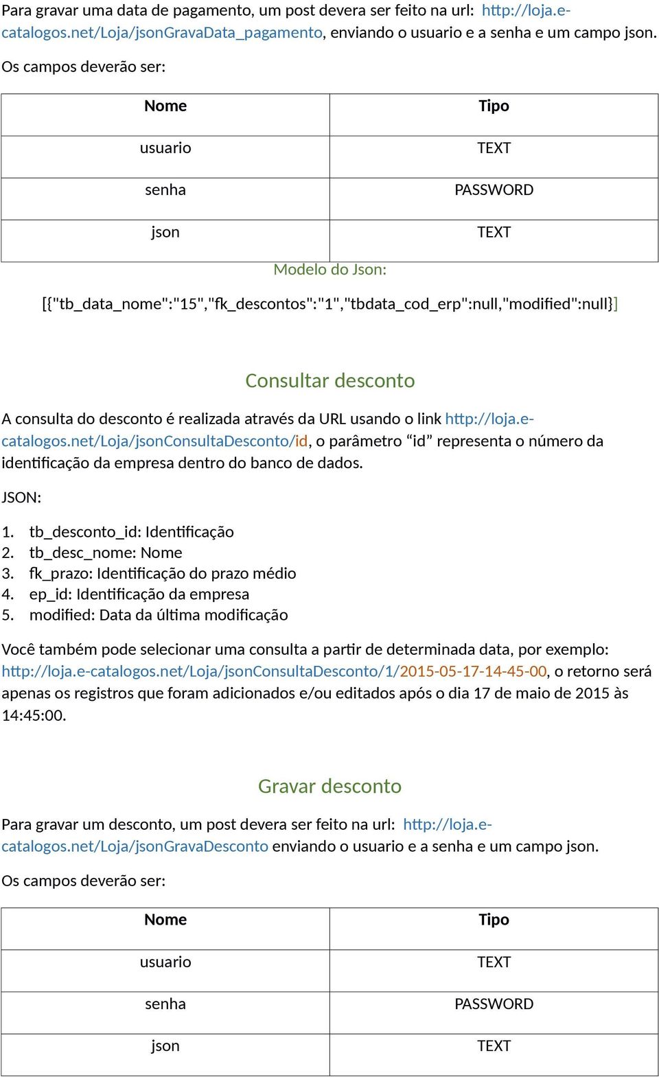 net/loja/consultadesconto/id, 1. tb_desconto_id: Identificação 2. tb_desc_nome: 3. fk_prazo: Identificação do prazo médio 4. ep_id: Identificação da empresa 5.