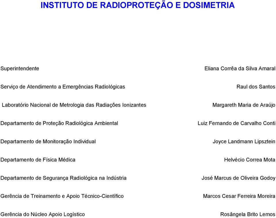 Conti Departamento de Monitoração Individual Joyce Landmann Lipsztein Departamento de Física Médica Helvécio Correa Mota Departamento de Segurança Radiológica na