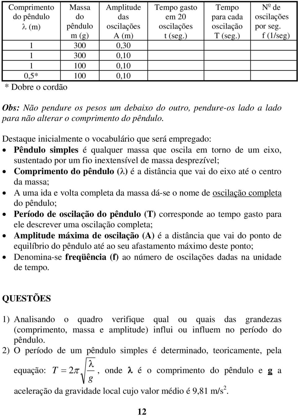 Destaque inicialmente o vocabulário que será empregado: Pêndulo simples é qualquer massa que oscila em torno de um eixo, sustentado por um fio inextensível de massa desprezível; Comprimento do