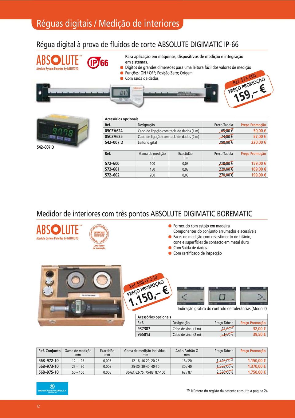 dados (1 m) 65,00 50,00 05CZA625 Cabo de ligação com tecla de dados (2 m) 74,00 57,00 542 007 D Leitor digital 290,00 220,00 572 600 100 0,03 218,00 159,00 572 601 150 0,03 229,00 169,00 572 602 200