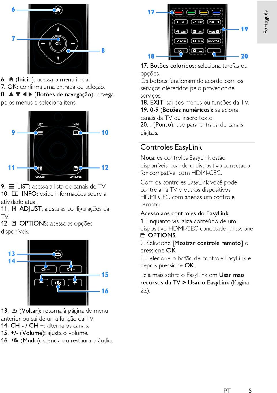 Os botões funcionam de acordo com os serviços oferecidos pelo provedor de serviços. 18. EXIT: sai dos menus ou funções da TV. 19. 0-9 (Botões numéricos): seleciona canais da TV ou insere texto. 20.