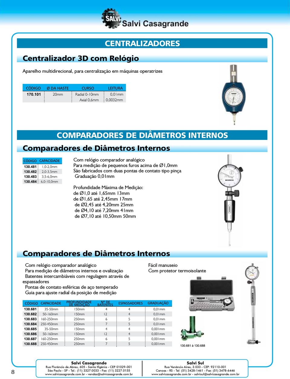 17mm de Ø2,45 até 4,20mm 25mm de Ø4,10 até 7,20mm 41mm de Ø7,10 até 10,50mm 50mm Comparadores de Diâmetros Internos Com relógio comparador analógico Para medição de diâmetros internos e ovalização