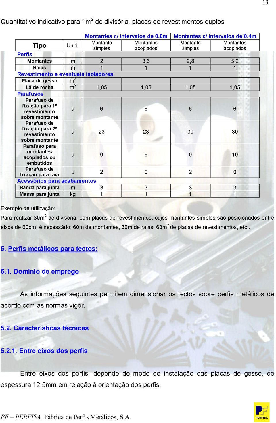 e eventuais isoladores Placa de gesso m 2 Lã de rocha m 2 1,05 1,05 1,05 1,05 Parafusos Parafuso de fixação para 1º revestimento sobre montante Parafuso de fixação para 2º revestimento sobre montante