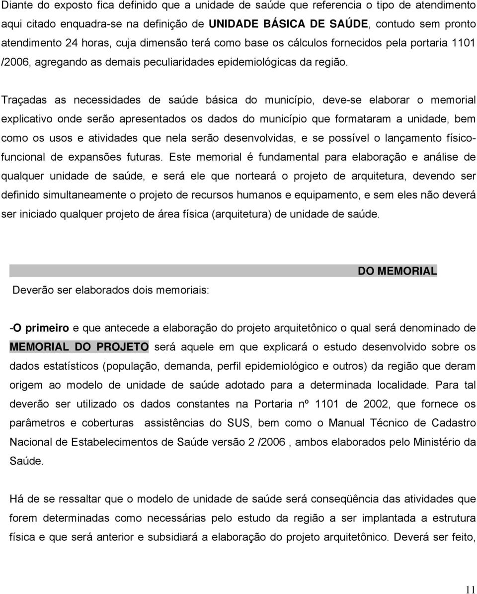 Traçadas as necessidades de saúde básica do município, deve-se elaborar o memorial explicativo onde serão apresentados os dados do município que formataram a unidade, bem como os usos e atividades