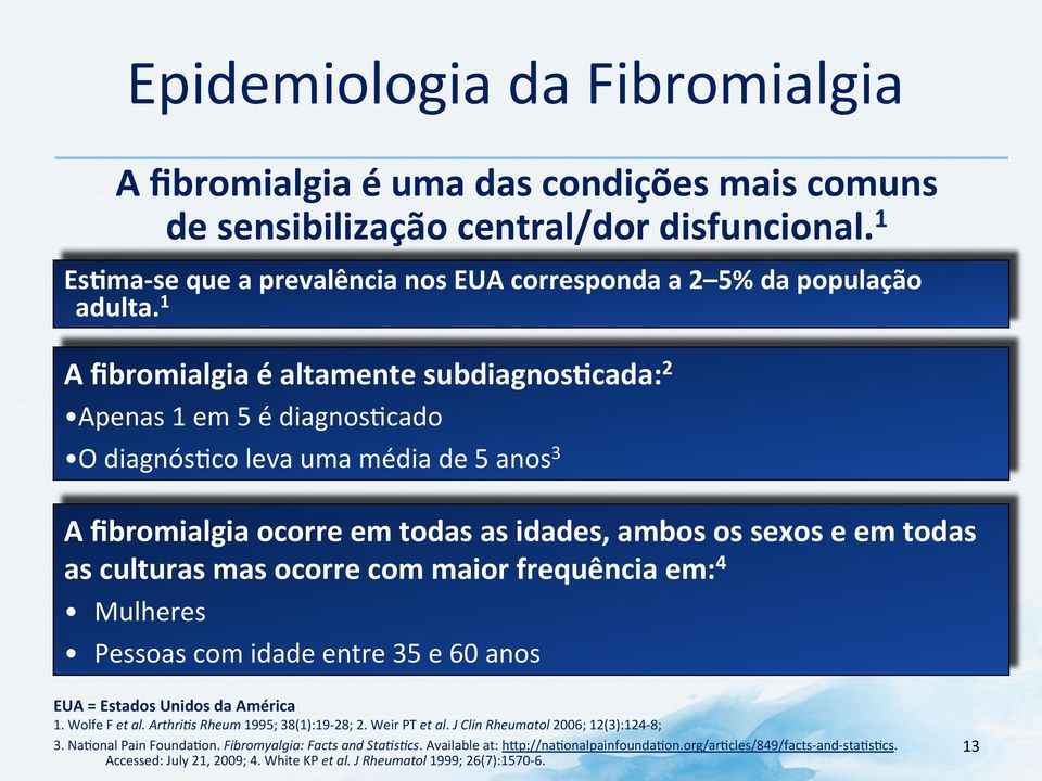 mas ocorre com maior frequência em: 4 Mulheres Pessoas com idade entre 35 e 60 anos EUA = Estados Unidos da América 1. Wolfe F et al. ArthriHs Rheum 1995; 38(1):19-28; 2. Weir PT et al.