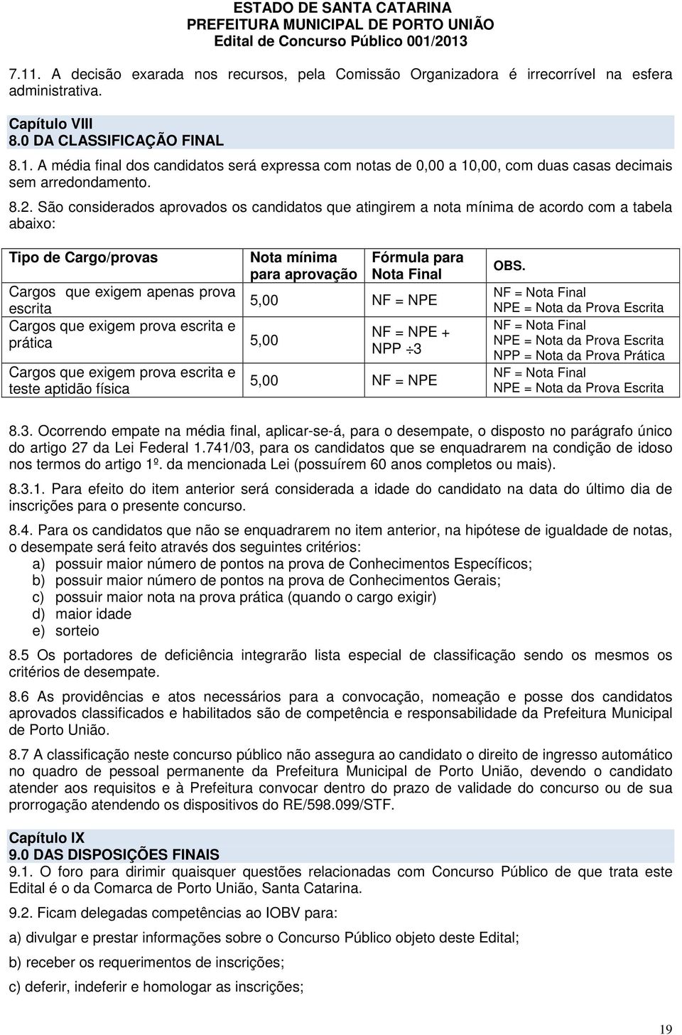 que exigem prova escrita e prática 5,00 Cargos que exigem prova escrita e teste aptidão física Fórmula para Nota Final 5,00 NF = NPE NF = NPE + NPP 3 5,00 NF = NPE OBS.