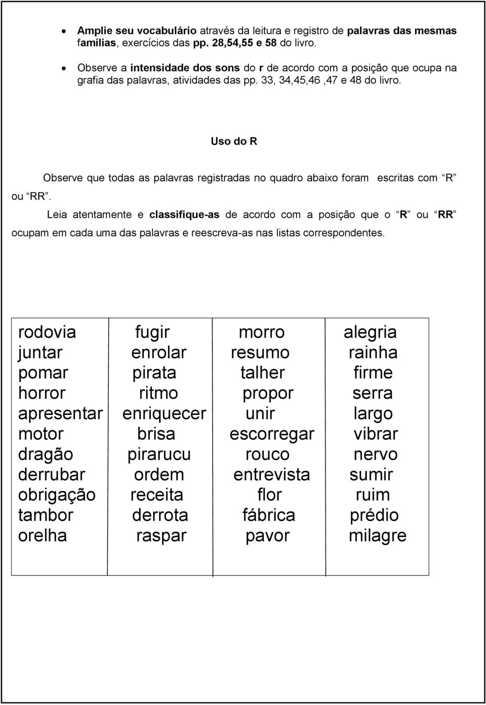 Uso do R Observe que todas as palavras registradas no quadro abaixo foram escritas com R ou RR.