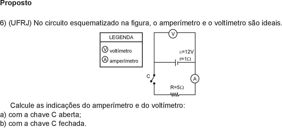 LEGEND V V voltímetro amperímetro ε=12v r=1ω C R=5Ω Calcule as