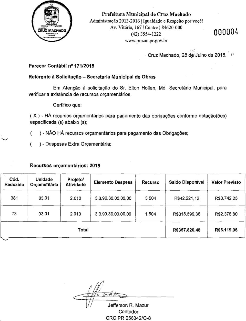 Secretário Municipal, para verificar a existência de recursos orçamentários.