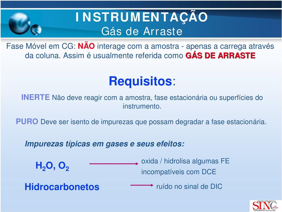 ou superfícies do instrumento. PURO Deve ser isento de impurezas que possam degradar a fase estacionária.